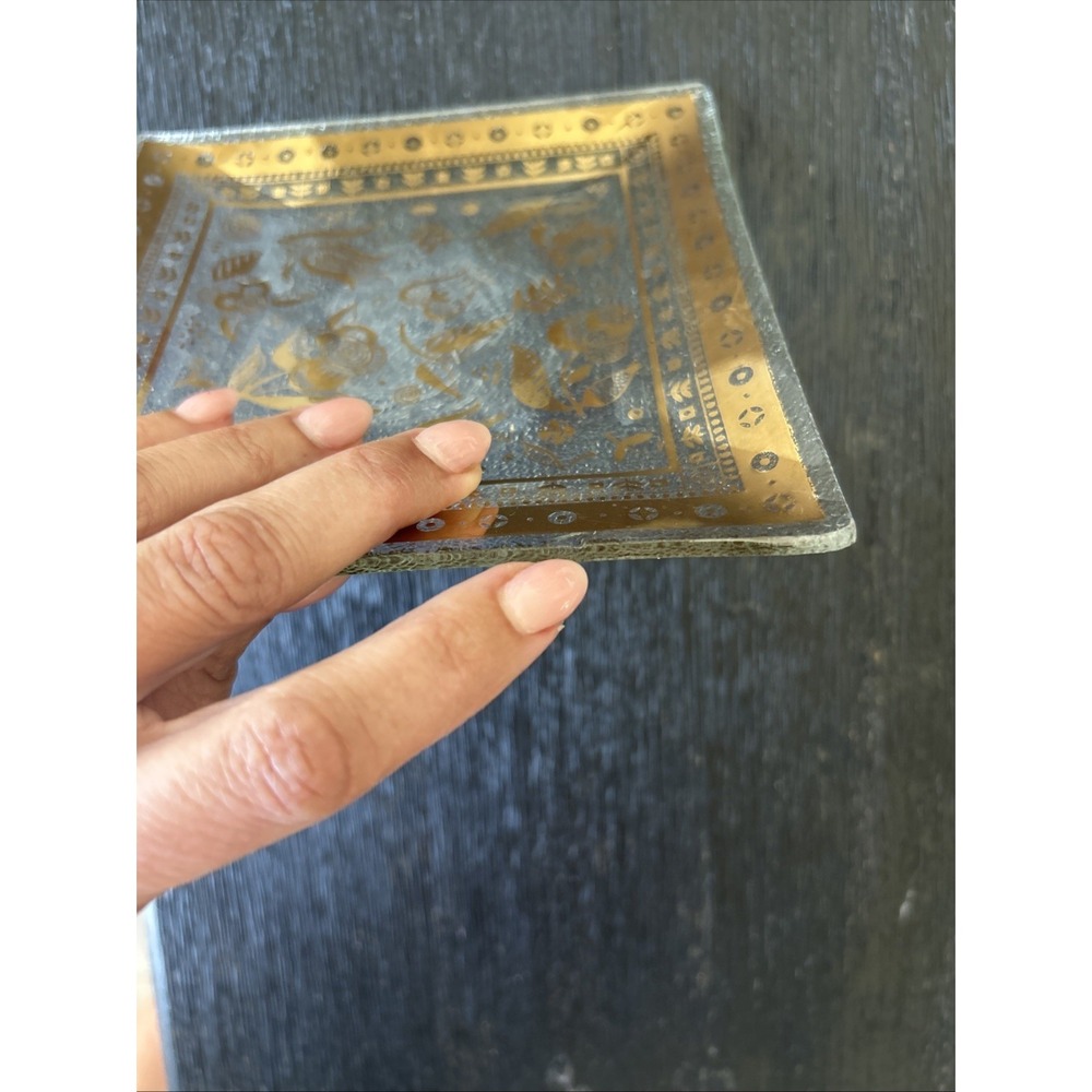 MCM Georges Briard Gold Persian Garden 5.5" Pebbled Glass Plate Dish Tray Vtg - Picture 8 of 8